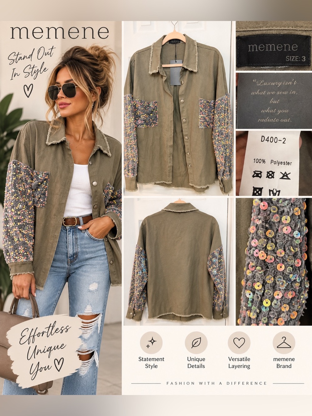 memene Olive Green Sequin Sleeve Utility Jacket Size 3 NWT